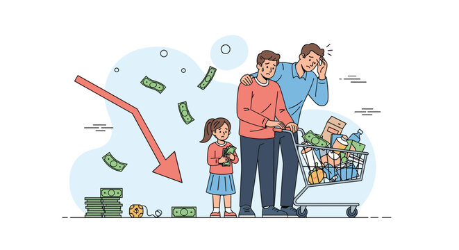Concerned family with a grocery cart looking stressed near a downward arrow representing inflation and the rising cost of living.