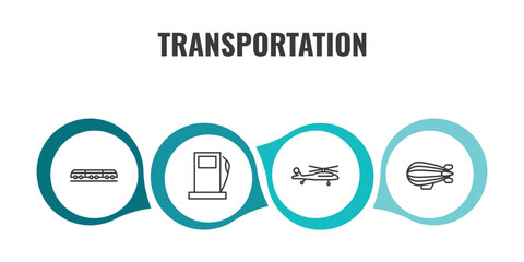 transportation outline icon set. thin line light rail, petrol station, military helicopter, zeppelin icons. editable vector © Farahim