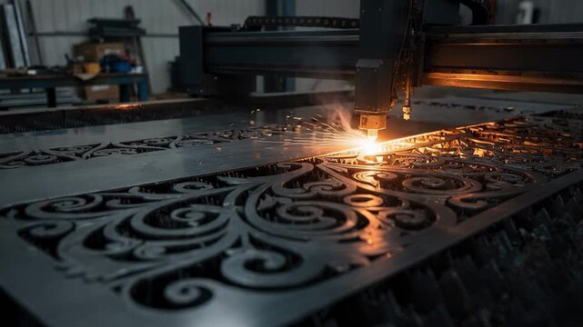 Medium shot of a laser cutting machine shaping ornate decorative grill patterns capturing the intricate curves and glowing laser beam in a workshop setting