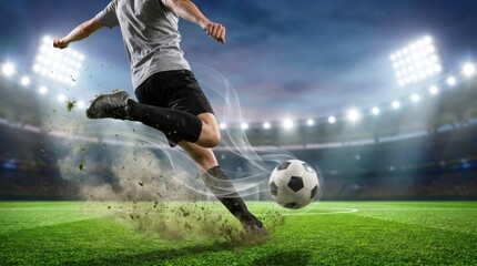 Naklejka premium A soccer player kicks a football with a dynamic grass splash and wind effect inside a stadium at night.