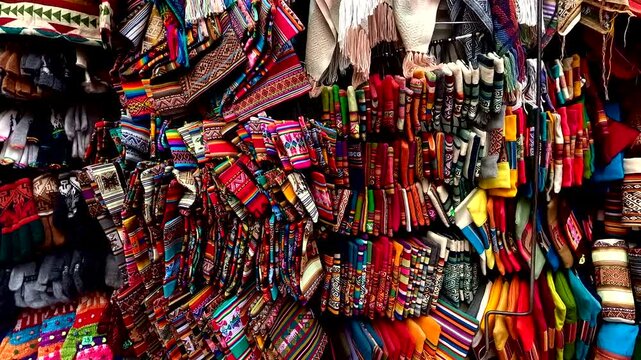Colorful Andean Souvenirs and Woven Handicrafts in La Paz Bolivia Market, Traditional Textile Shop, blurred tourist Shopping and South American Cultural Goods, privacy protected market scene, Andean