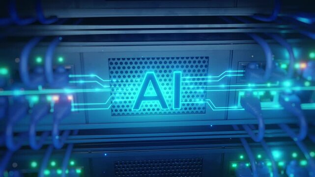 Angled 3D render of AI text glowing on server rack panel with blue and green LED lights, circuit lines, and ethernet cables. AI data center infrastructure for cloud, machine learning, and IT