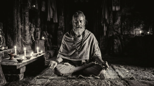 Indian yogi meditating in ancient temple, lotus pose with candles, spiritual mindfulness practice for Yoga Day, monochrome ascetic portrait, inner peace and traditional wisdom.