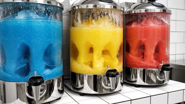 Three Slushy Machines with Blue, Yellow, and Red Frozen Beverages at Restaurant