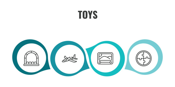 toys outline icon set. thin line bouncy castle toy, plane toy, etch a sketch toy, puzzle icons. editable vector