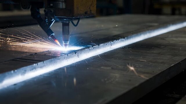 Medium shot showcasing advanced hybrid welding technique creating durable longitudinal seams on industrialgrade metal plates with vibrant plasma glow