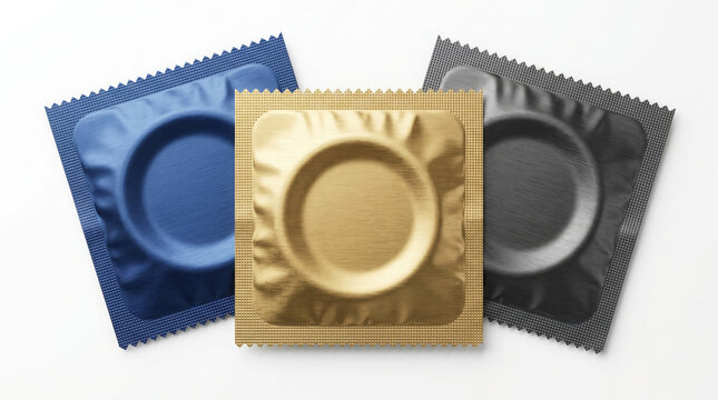 Three square condom foil wrappers in blue, gold, and colors on a plain generated using ai