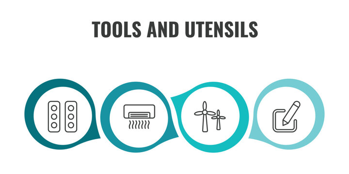 tools and utensils outline icon set. thin line semaphore lights, air conditioning, windmills, edit picture icons. editable vector