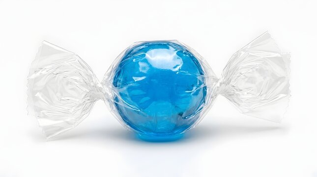 Blue wrapped hard candy with transparent twisted ends isolated on white background, sweet confectionery treat