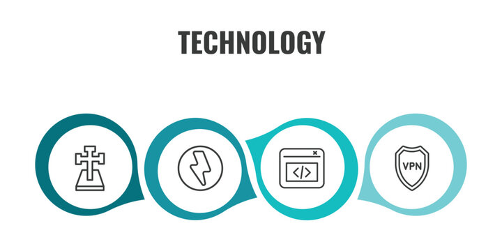 technology outline icon set. thin line cross stuck in ground, green flash, back end, vpn icons. editable vector