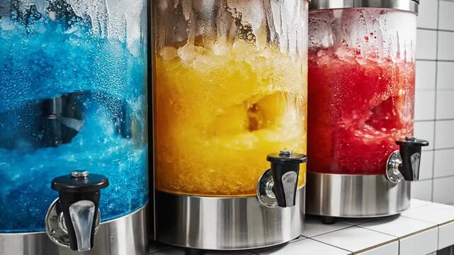 Colorful frozen slush drink dispensers with red, yellow, and blue flavors ready for refreshing summer treats