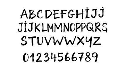 Obraz premium Handwritten Alphabet Letters and Numbers Font Style.
