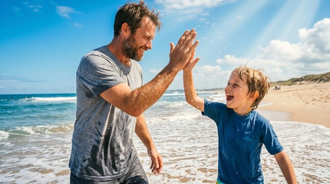 Father and young son sharing joyful high-five on sunny beach, celebrating summer vacation with ocean waves and splashing water, playful bonding, parenting, outdoor family travel.