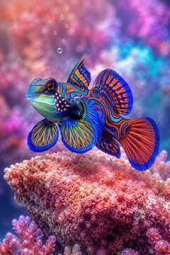 Mandarin fish hovering above coral with vivid neon reef colors