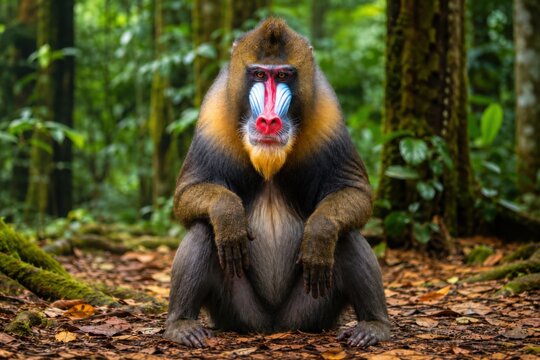 Mandrill sitting on forest floor with vivid face colors in jungle