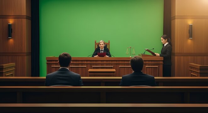 Judge in court with green screen, lawyers and defendants at trial