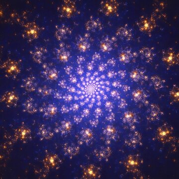 Vibrant blue fractal spiral radiates with golden, sparkling, star-like clusters
