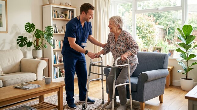 Physiotherapist helping senior woman stand