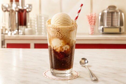 Root beer float with vanilla ice cream in retro soda fountain glass