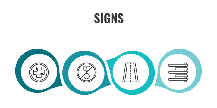 signs outline icon set. thin line add, no hoist, roads, align right icons. editable vector