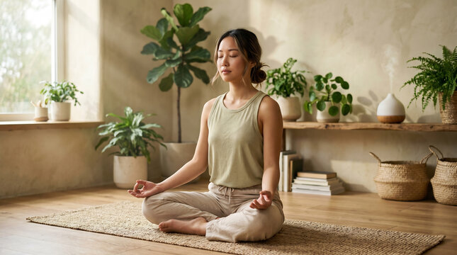 Serene Asian woman meditating in peaceful home sanctuary, indoor plant garden wellness, mindfulness yoga pose, zen living space, mental health self-care, International Yoga Day.