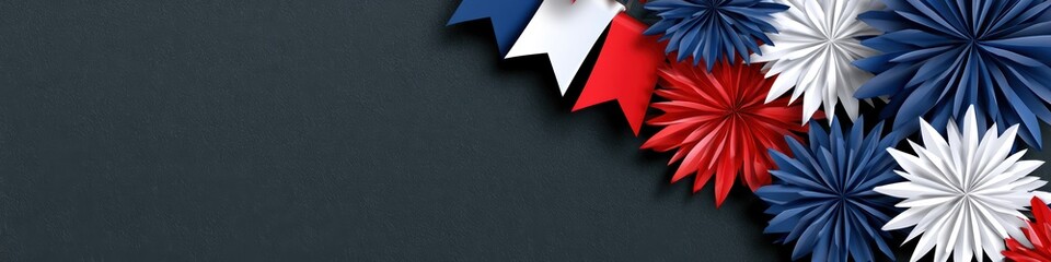 french national day web banner, a sleek web banner design for a french national day sale features minimalist celebratory elements in blue, white, and red against a charcoal background