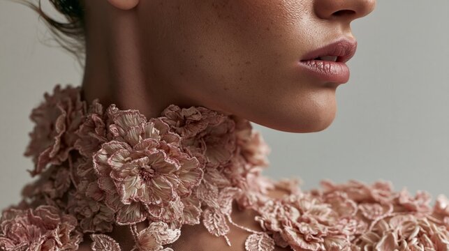 luxury fashion portrait in blush couture with floral embroidery
