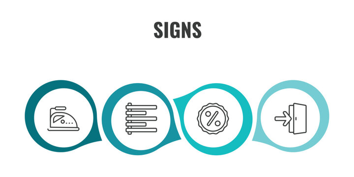 signs outline icon set. thin line ironing, align left, percentage discount, exit right arrow icons. editable vector