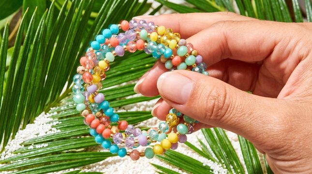 Hand holding vibrant multi-colored beaded bracelets over tropical green palm leaves and white sand, stylish summer vacation jewelry, beach fashion accessory, tropical lifestyle.