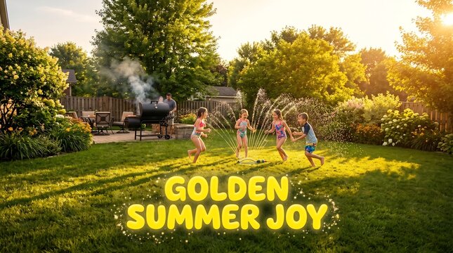 Children playing in garden water sprinkler during backyard family barbecue at golden hour, joyful summer vacation scene, outdoor lifestyle fun, parental bonding