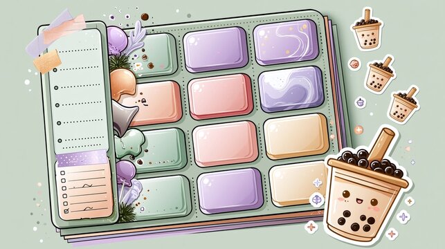 kawaii budget tracker template with boba tea and pastel design