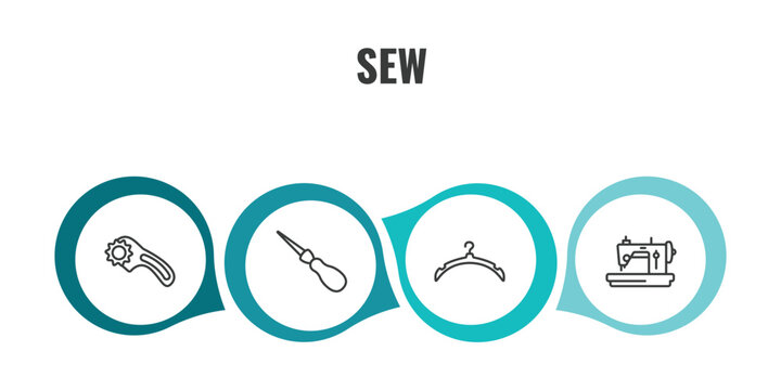 sew outline icon set. thin line rotary, awl, clothes hanger, sewing hine icons. editable vector