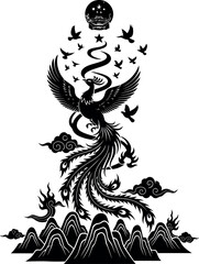 Fototapeta premium Majestic mythical phoenix bird with intricate feathers and flying birds illustration