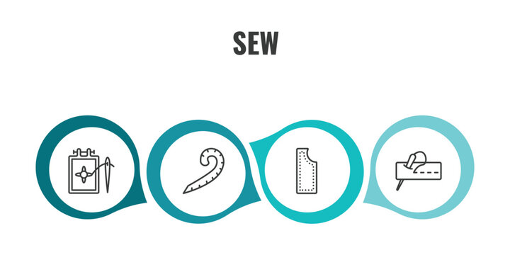 sew outline icon set. thin line needlepoint, french curve, material, running stitch icons. editable vector