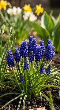 Vibrant blue grape hyacinths bloom in sunlit garden bed with daffodils