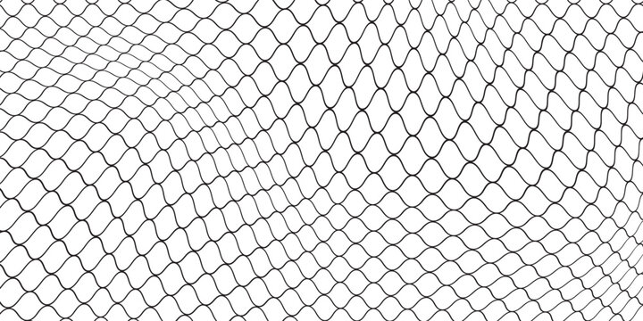 Fishing or soccer net. Repeated hexagon pattern. Black wired mesh texture isolated on white background. Metallic or fabric fence, cage or lattice structure. Vector graphic Illustration.