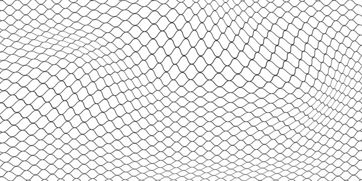 Fishing or soccer net. Repeated hexagon pattern. Black wired mesh texture isolated on white background. Metallic or fabric fence, cage or lattice structure. Vector graphic Illustration.