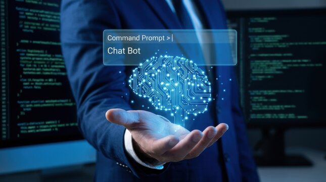 Man holding digital brain with chatbot interface