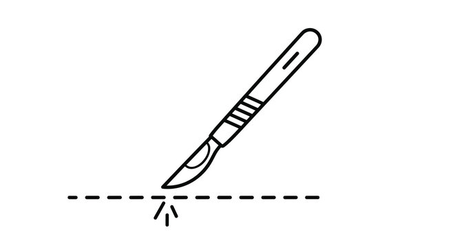 Medical scalpel instrument is shown making a precise incision along a dotted line for surgery and healthcare procedure concepts.