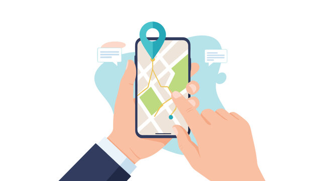 Hands operate a mobile navigation application on a smartphone screen to find directions and follow a route on a digital city map.