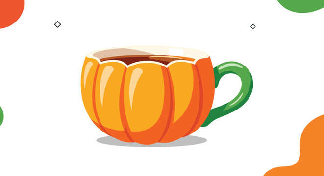 Creative ceramic mug designed in the shape of an orange pumpkin is filled with a hot beverage like tea or coffee for autumn vibes.