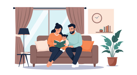 Fototapeta premium Happy family with a mother, father, and toddler sitting on a cozy sofa while reading a book together in their living room at home.