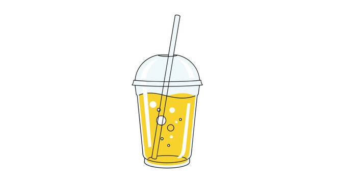 Transparent plastic cup filled with refreshing orange juice and a long straw features bubbles and a dome lid on a white background.