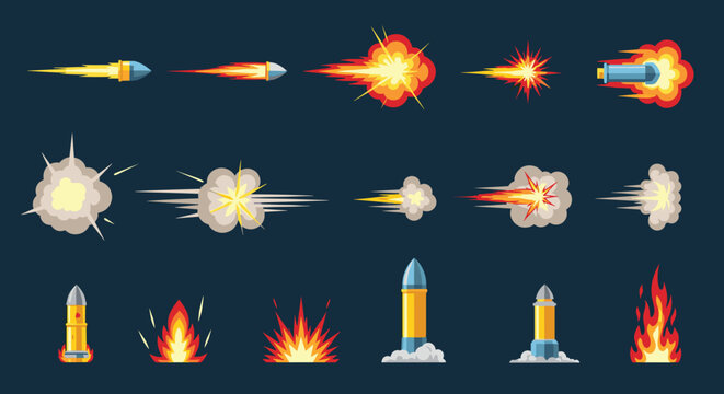 Collection of pixel art rocket projectiles, explosions, and fire effects on a dark blue background is perfect for video game development.