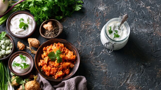 Probiotic foods like yogurt and fermented ingredients are arranged with fresh vegetables for a gut health focus in a modern setting