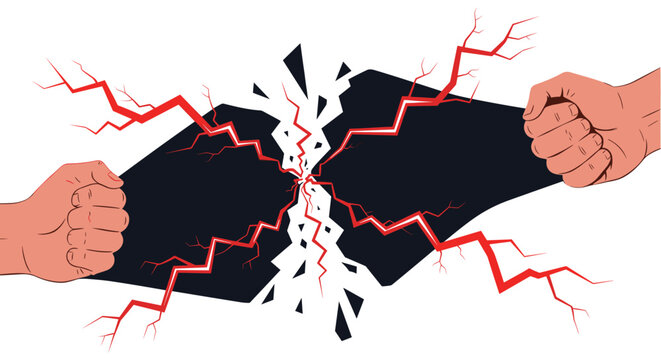 Two hands pulling apart a dark object causing cracks and red lightning to signify a breakthrough or conflict in abstract style.