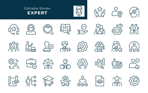 Expert outline icons. Expertise, specialist advice, conclusion, knowledge, competence, independent research and more. Line icon in linear style. Vector collection	