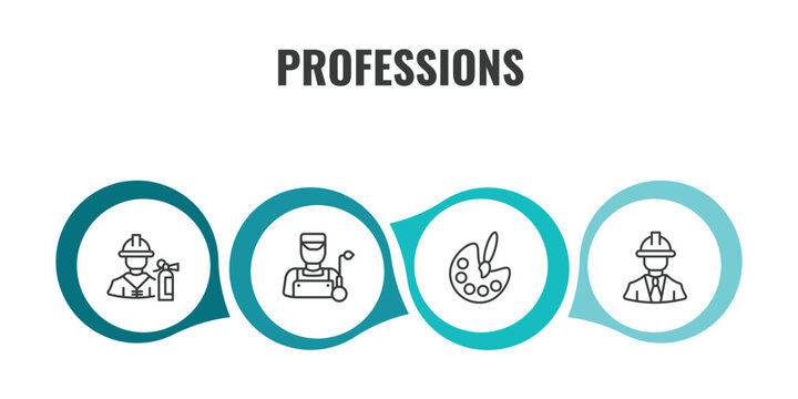 professions outline icon set. thin line fireman, welder, artist, engineer icons. editable vector