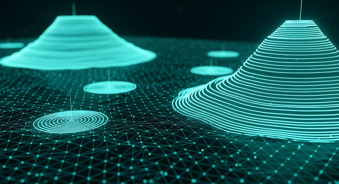 Futuristic digital wireframe landscape with glowing blue data mountains on mesh grid technology wireframe landscape futuristic connection mountain visualization abstract computer internet