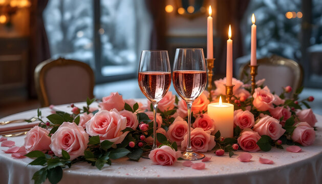 Romantic candlelit dinner table setup with roses and wine